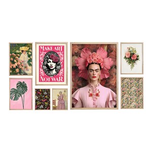 May include: A gallery wall with nine framed prints. The prints feature a variety of floral designs, including roses, tropical leaves, and a woman wearing a flower crown. One print features the text "Make Art Not War".
