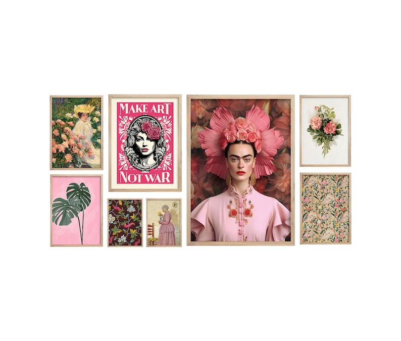 May include: A gallery wall with nine framed prints. The prints feature a variety of floral designs, including roses, tropical leaves, and a woman wearing a flower crown. One print features the text "Make Art Not War".
