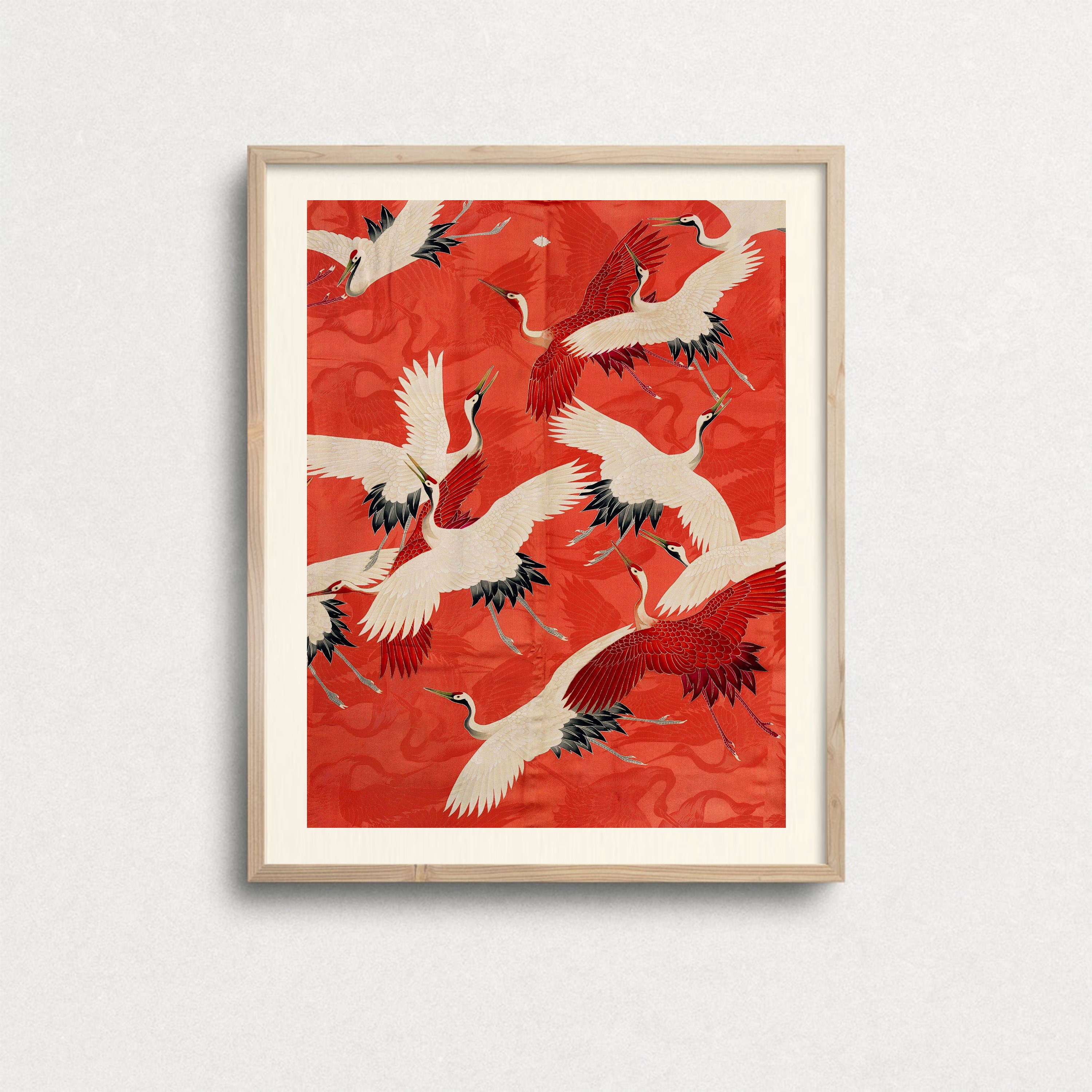 Japanese Art Print, Red Cranes Painting, Digital Download