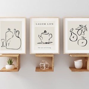 Kitchen Wall Art Set of 3, Abstract Art, Modern Kitchen Decor, Line Drawing, Housewarming Gift, Food Drink Prints, Dining room wall decor