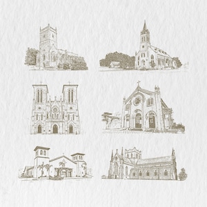 May include: A collection of six architectural sketches of churches, each rendered in a sepia tone. The drawings showcase various church designs, including those with towers, steeples, and arched windows, set against a textured, off-white background.
