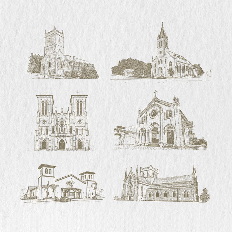May include: A collection of six architectural sketches of churches, each rendered in a sepia tone. The drawings showcase various church designs, including those with towers, steeples, and arched windows, set against a textured, off-white background.