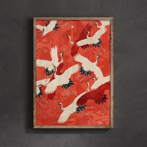 Ilustración de pájaro grulla roja, impresión japonesa vintage, impresión de arte kimono de grulla japonesa, decoración del hogar, arte del museo, regalo de decoración de pared, impresiones ukiyoe