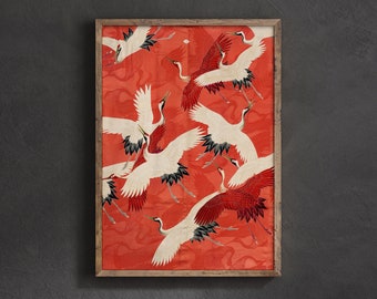 Red Crane Bird illustration, Vintage Japanese Print, Japan Crane Kimono Art Print, Home Decor, Museum Art, Wall Decor Gift, ukiyoe prints