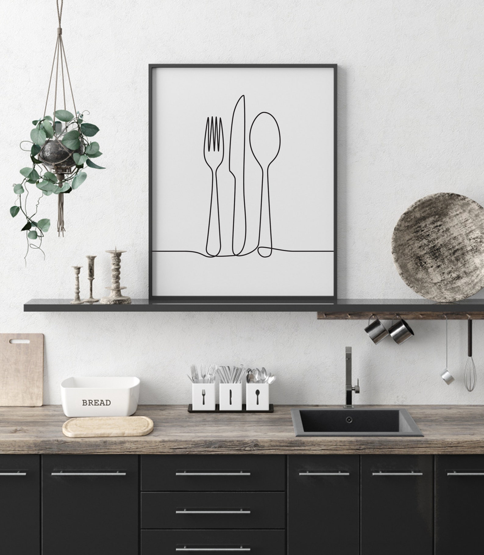 abstract kitchen art prints: modern line drawing set... Line Drawing Kitchen Print Set: Food & Drink Wall Art (digital Download ...