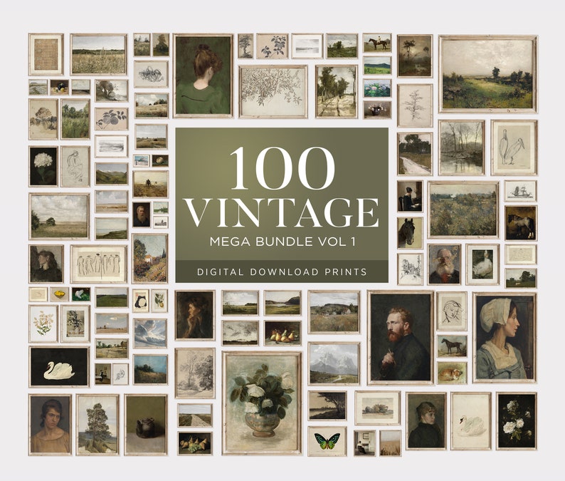 May include: A collage of 100 vintage art prints in various styles and subjects, including landscapes, portraits, and still lifes. The prints are arranged in a grid pattern and framed in simple, white frames. The text "100 Vintage Mega Bundle Vol 1 Digital Download Prints" is displayed in the center of the collage.