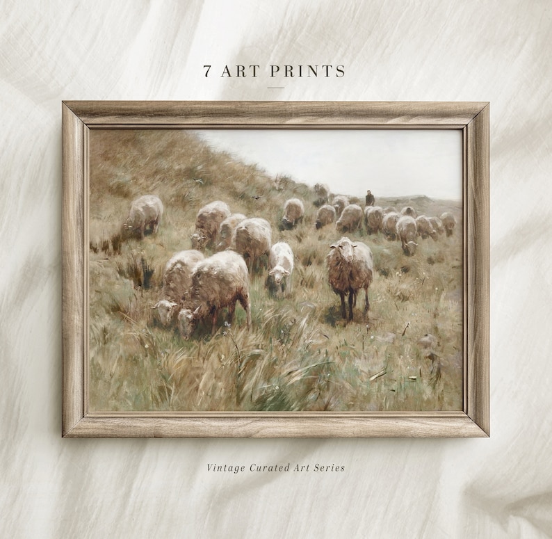 Vintage Sheep Landscape Print: Farmhouse Animal Painting (digital ...