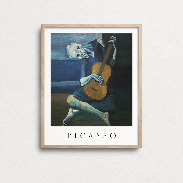 Picasso Print, The Old Guitarist, Cubism Art, Picasso Wall Art, Blue Tone, Guitar Poster, Pablo Picasso, Music Prints, Exhibiton Poster