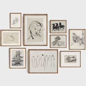 Neutral Gallery Wall Art Set, Vintage Sketch Prints, Etching Home Decor, Eclectic Drawing Set, Woman Portrait Draw, Rabbit, Horse, Tree