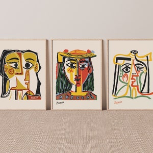 Conjunto de 3 impressões de Picasso, download para impressão de Picasso, impressão de arte abstrata, pôster de Picasso, tom neutro, conjunto de arte de parede da galeria de Picasso