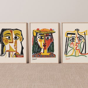 Picasso conjunto de 3 impresiones, descarga imprimible de Picasso, impresión de arte abstracto, cartel de Picasso, tono neutro, conjunto de arte de pared de la galería Picasso