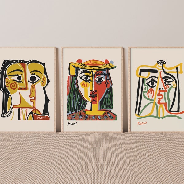Ensemble de 3 tirages Picasso, téléchargement imprimable Picasso, impression d'art abstrait, affiche Picasso, ton neutre, ensemble d'art mural de galerie Picasso