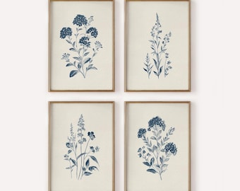 Vintage Blue Floral Prints, Farmhouse Botanical Decor, Minimal Flower Art, Digital Download