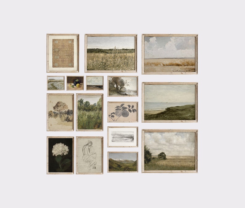 May include: A gallery wall of framed prints featuring various landscapes, still life, and abstract art. The prints are in a variety of sizes and styles, and are arranged in a symmetrical pattern on a white wall.