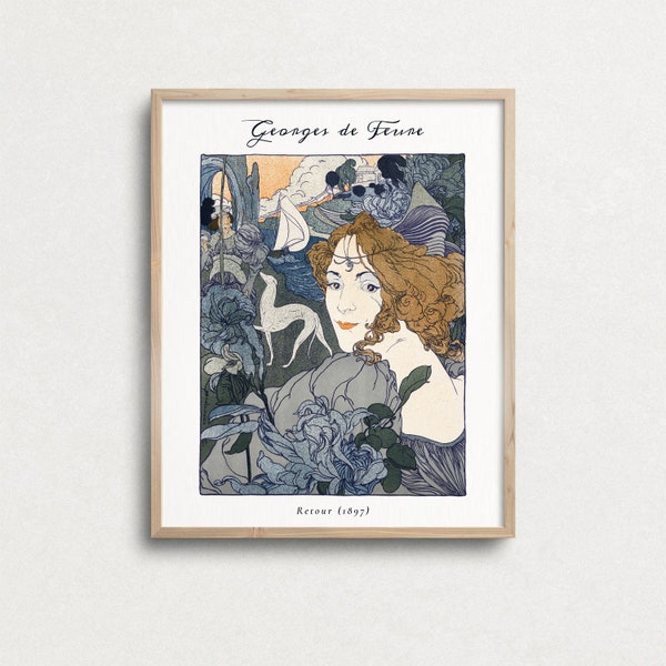 Woman Portrait illustration, Art Nouveau style, vintage Retour, wall decor, blue tones, retro poster, home decor, wall decor, printable art