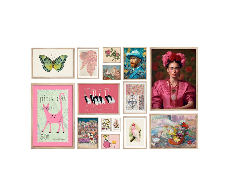 May include: A gallery wall featuring a variety of framed prints, including a pink cat, a butterfly, a floral design, a portrait of Frida Kahlo, a portrait of Vincent van Gogh, and a still life with flowers.