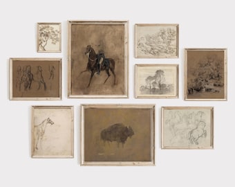 Gallery Wall Art Set of 9, Vintage Equestrian Print, Farmhouse Wall Decor, DIGITAL DOWNLOAD