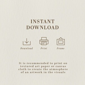 Puede incluir: Gr&aacute;fico de descarga instant&aacute;nea con iconos para descargar, imprimir y enmarcar. El texto dice "DESCARGA INSTANT&Aacute;NEA". Se recomienda imprimir en papel de arte texturizado o tela de lienzo para crear la atm&oacute;sfera de una obra de arte en las im&aacute;genes.