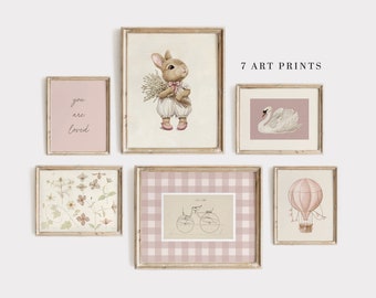 Pink Nursery Gallery Wall Art Set: Vintage Kids Decor (Digital Download)