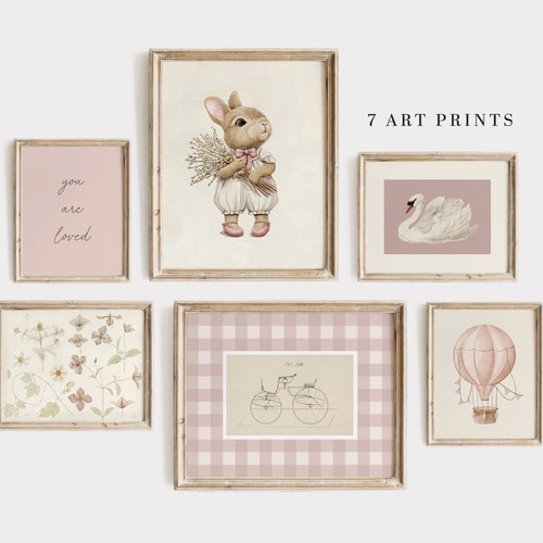Pink Nursery Gallery Wall Art Set: Vintage Kids Decor (Digital Download)