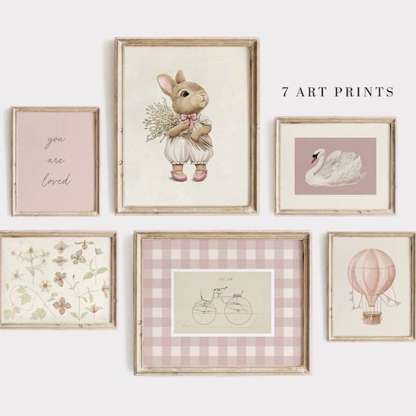 Ensemble d'art mural rose pour chambre de bébé : décoration d'enfants vintage (téléchargement numérique)