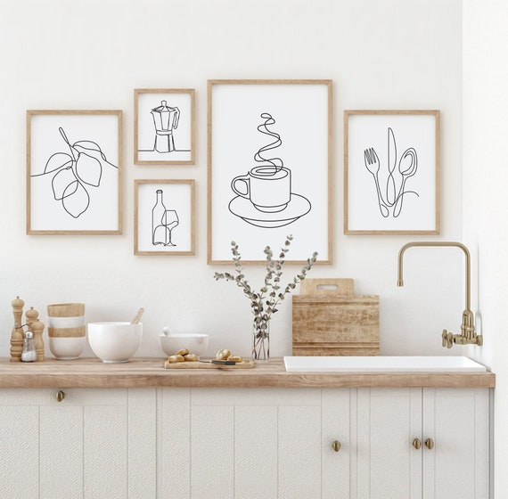 Kitchen Wall Art Set of 5 Line Drawing Kitchen Prints