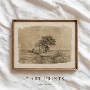 May include: A framed art print featuring a sepia-toned landscape drawing of trees in a field, layered over a background of faint, repetitive text. The artwork is enclosed in a thin, metallic-toned frame, displaying a natural, muted color palette.