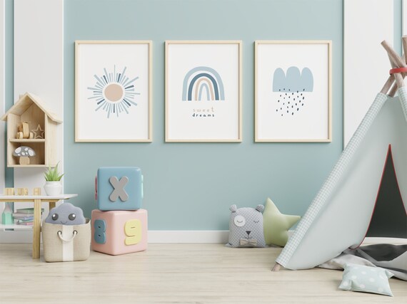 Boy Rainbow Wall Art Set of 3, Sunshine Print, Blue Rainbow Baby Nursery Decor, Kids Printable Nursery Art, Cloud Rain Sun Digital Download
