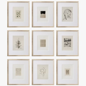 May include: Nine framed prints with various black and white illustrations and drawings. The prints are in gold frames and are arranged in three rows of three.