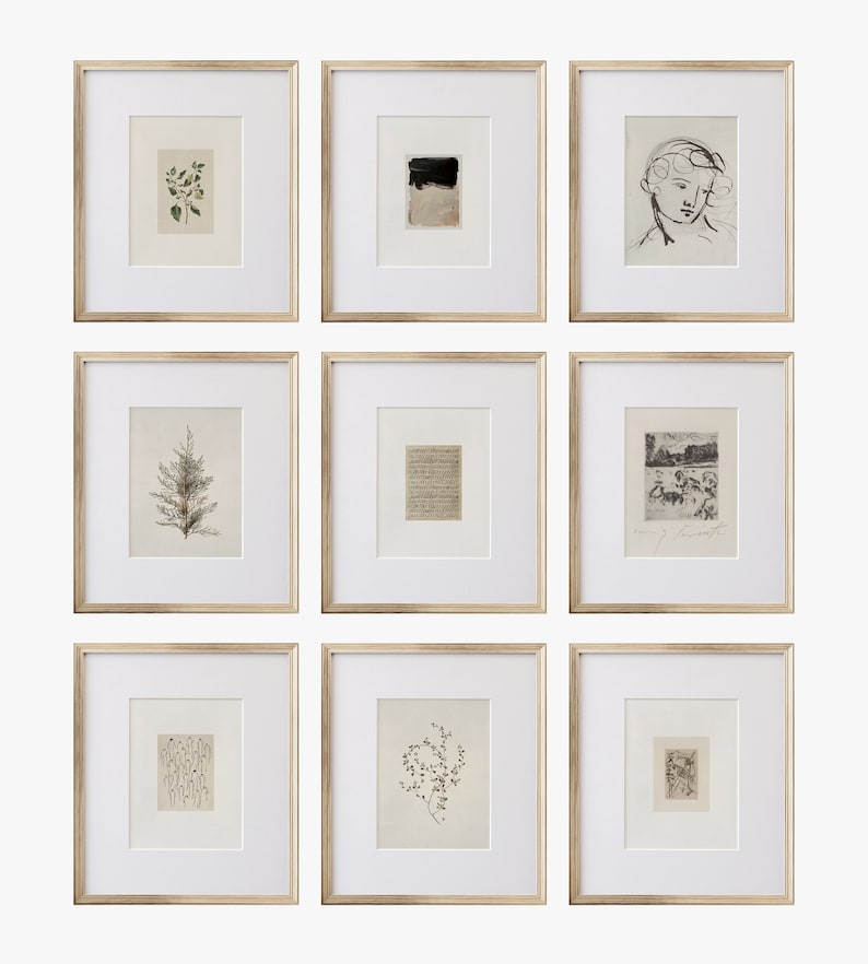 May include: Nine framed prints with various black and white illustrations and drawings. The prints are in gold frames and are arranged in three rows of three.