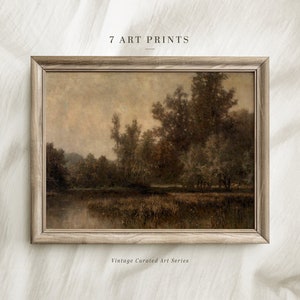 May include: A framed landscape art print featuring a serene scene of trees and a body of water. The artwork has a vintage aesthetic with a muted color palette of browns and greens. The text "7 ART PRINTS" and "Vintage Curated Art Series" are visible.