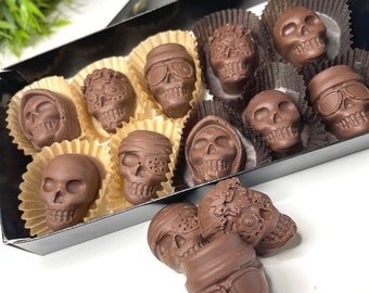 Large Skull Bourbon Chocolates filled with nuts (Pecans or Almonds) - Boxed set of 10 in black slider window box