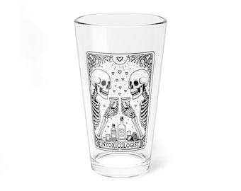 Skeleton Cheers Mixing Glass | 16oz Pint Glass Intoxicologist Illustration