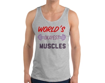 Funny Workout Shirts, World's Okayest Muscles, Men's Workout Tank Tops, Men's Gym Tank, Tank Tops With Saying, Funny Tank Tops For The Gym