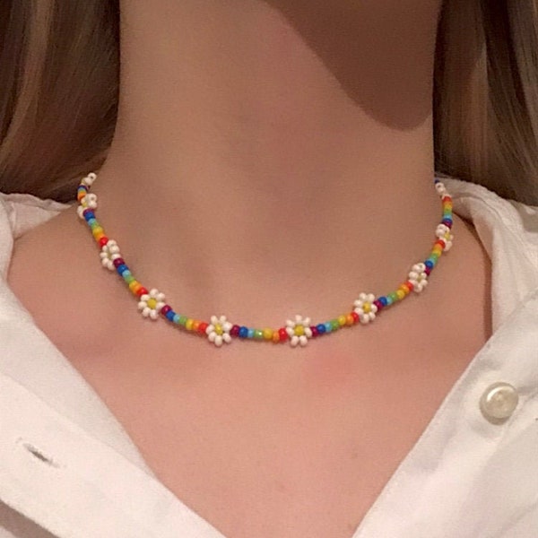 Rainbow Multicolour Indie Boho Daisy Seed Bead Choker Necklace