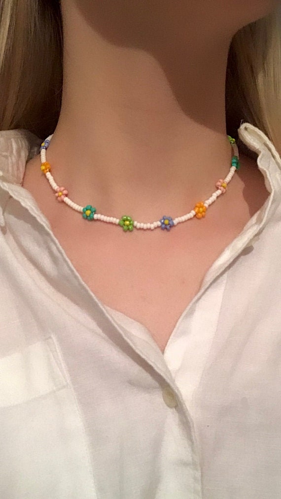 Multicolour Colourful Daisy Indie Boho Seed Bead Choker Necklace