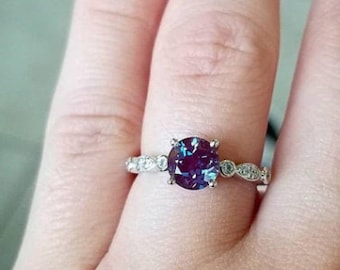 11.30 ct Cushion Synthetic Alexandrite Ring Art Deco Style Sterling Silver