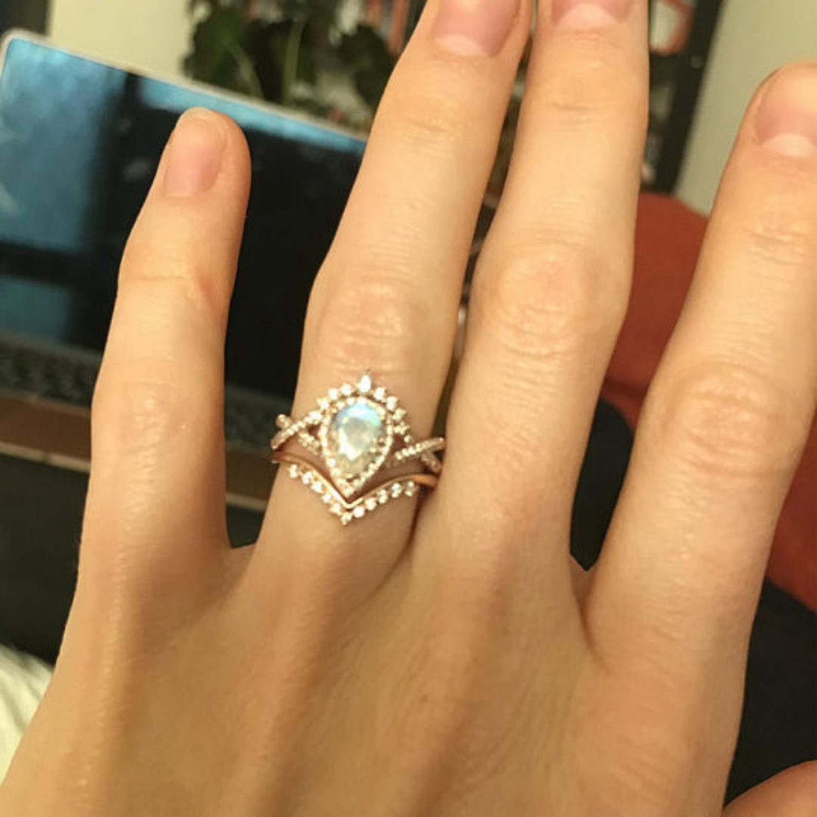 Pear shaped Moonstone engagement ring Rose gold engagement Etsy