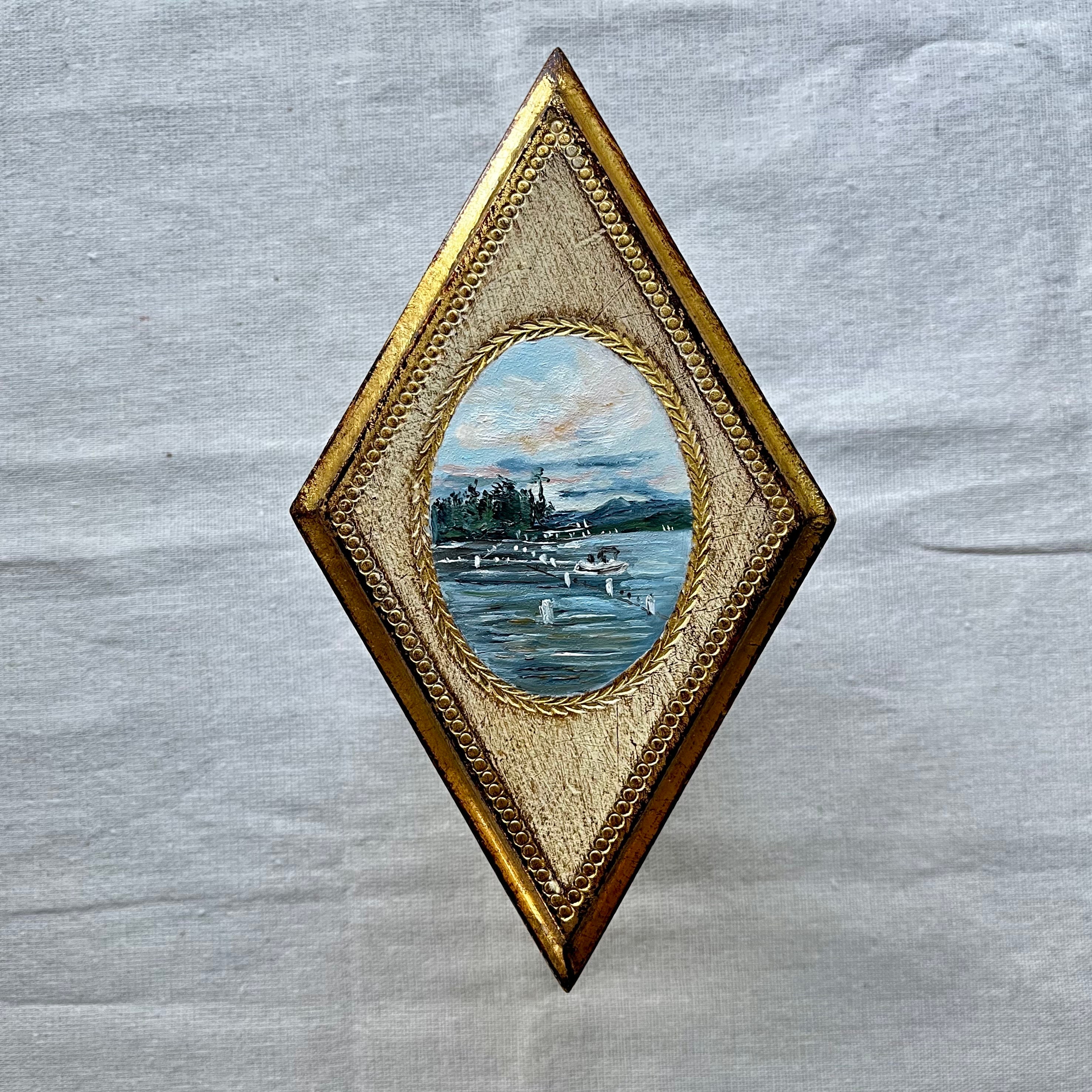 LAKE SUNSET, Original Oil Painting on a Diamond Florentine Vintage Gold Frame, Landscape