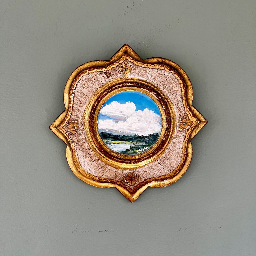 HAPPY PLACE, Original Impasto Oil Painting on a Beautiful Shape Florentine Vintage Gold Frame