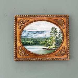 ECHO, Pintura al óleo original, Marco vintage, Pintura de lago, Marco dorado