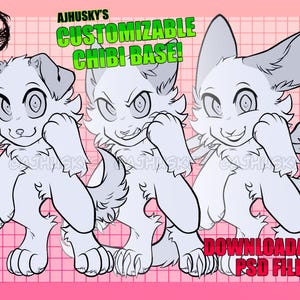 May include: Three customizable chibi animal base drawings in black and white. The bases are in different poses and have different facial expressions. The text "AJHUSKY'S CUSTOMIZABLE CHIBI BASE! DOWNLOADABLE PSD FILE" is at the top of the image.