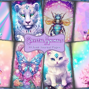 Pastel Crystal animaux Junk Journal Pages fantaisie rose éphémères abeilles Scrapbooking Paper Kit Collage de journalisation numérique Chat Chien Imprimable JPG PDF