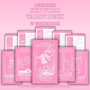 May include: Pink tarot deck and guidebook with white illustrations. The deck includes cards with titles like "The Fool," "Ace of Pentacles," and "Ace of Wands." The text "Beginner Keyword Tarot Deck & Guidebook" is at the top.