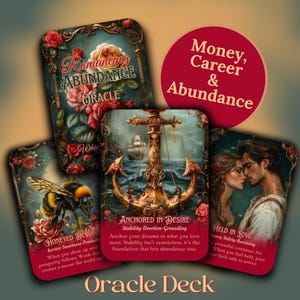May include: An oracle deck with four illustrated cards featuring romantic and nature-themed imagery. The cards have titles like "Romancing Abundance" and "Anchored in Desire." A red circle with the text "Money, Career & Abundance" is also present.