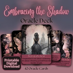 Schaduwwerk Oracle-deck, emotionele genezingskaarten, persoonlijke groei spirituele begeleiding, donkere situatie reflectie zelfzorgberichten afdrukbaar