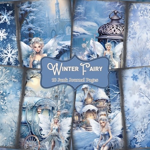 Azul inverno fada lixo diário páginas vintage coisas efêmeras cogumelo mágico encantado fantasia papel para impressão scrapbook kit colagem jpg pdf