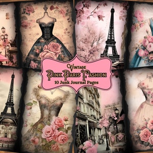 Vintage rosa París francés diario basura páginas vestidos victorianos moda efímera romántica Torre Eiffel rosa papel imprimible Scrapbook Kit