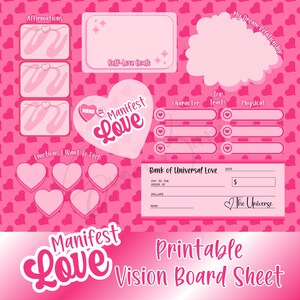 Feuille de tableau Manifest Love Vision, rose BCBG rétro, univers esthétique, chèque d'abondance, manifestation de la vie de rêve pour femme, affiche imprimable