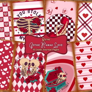 Retro Gothic Kawaii Liebe Junk Journal Seiten Valentinstag Vintage Rosa Ephemera Schädel Scrapbook Papier Kit Collage Rote Herzen Printable JPG PDF